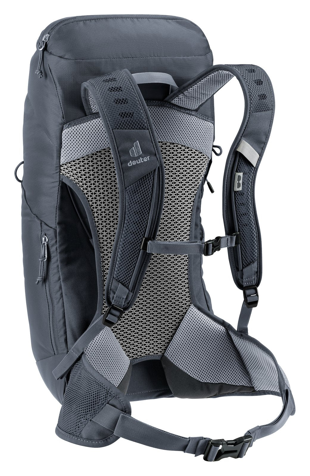 Deuter AC Lite 24 in Black, rear three-quarter view of shoulder straps and hip fins
