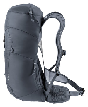 Deuter AC Lite 24 in Black, side view of the zipped side smartphone pocket and pole loop