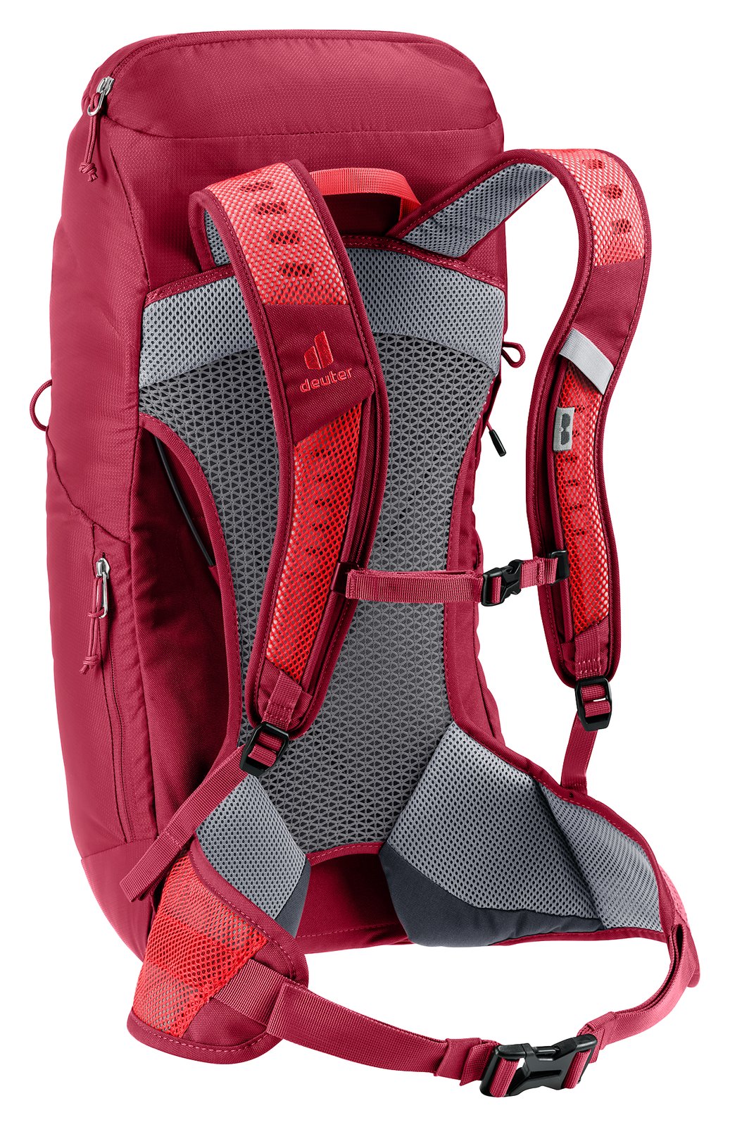 Deuter AC Lite 24 in Cherry Masala, rear three-quarter view of red harness and mesh back