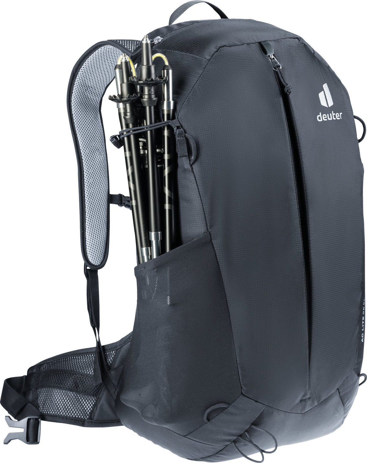 Deuter AC Lite 25 EL with trekking poles stowed down the side of the pack