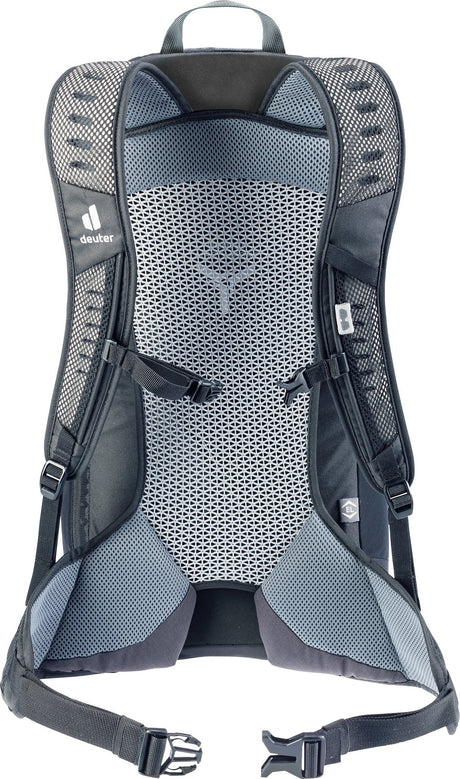 Back of the Deuter AC Lite 25 EL showing the Aircomfort mesh panel, shoulder straps and hip fins