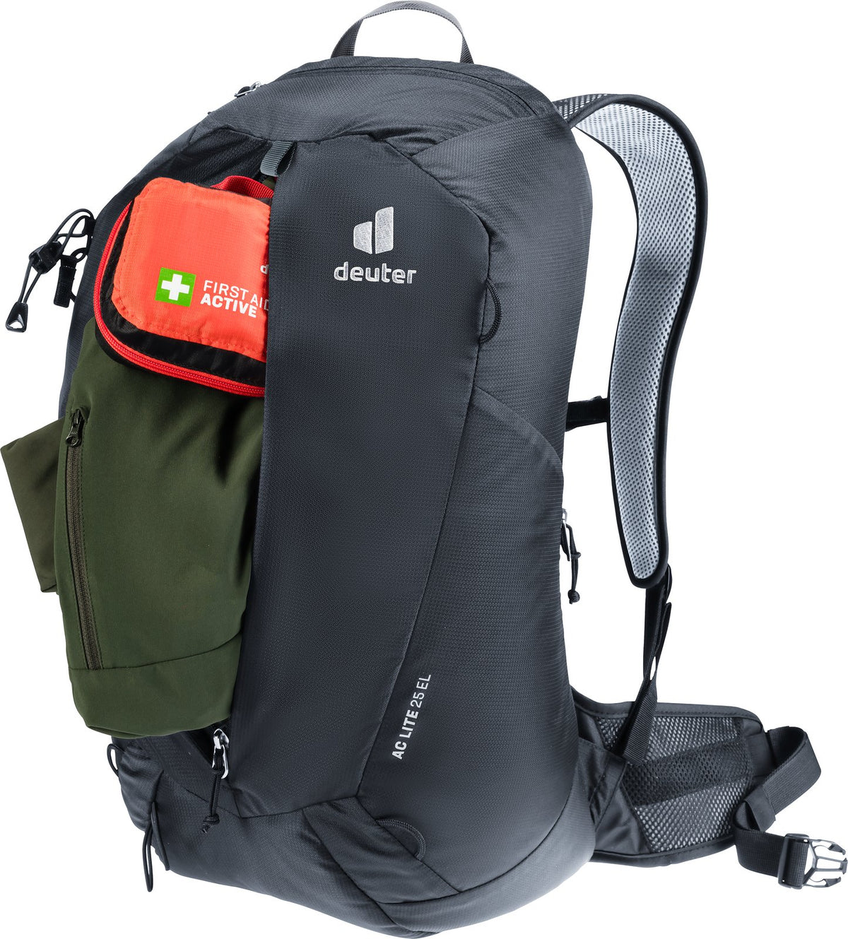 Deuter AC Lite 25 EL front zip opened wide, showing a first aid kit and jacket in the main compartment