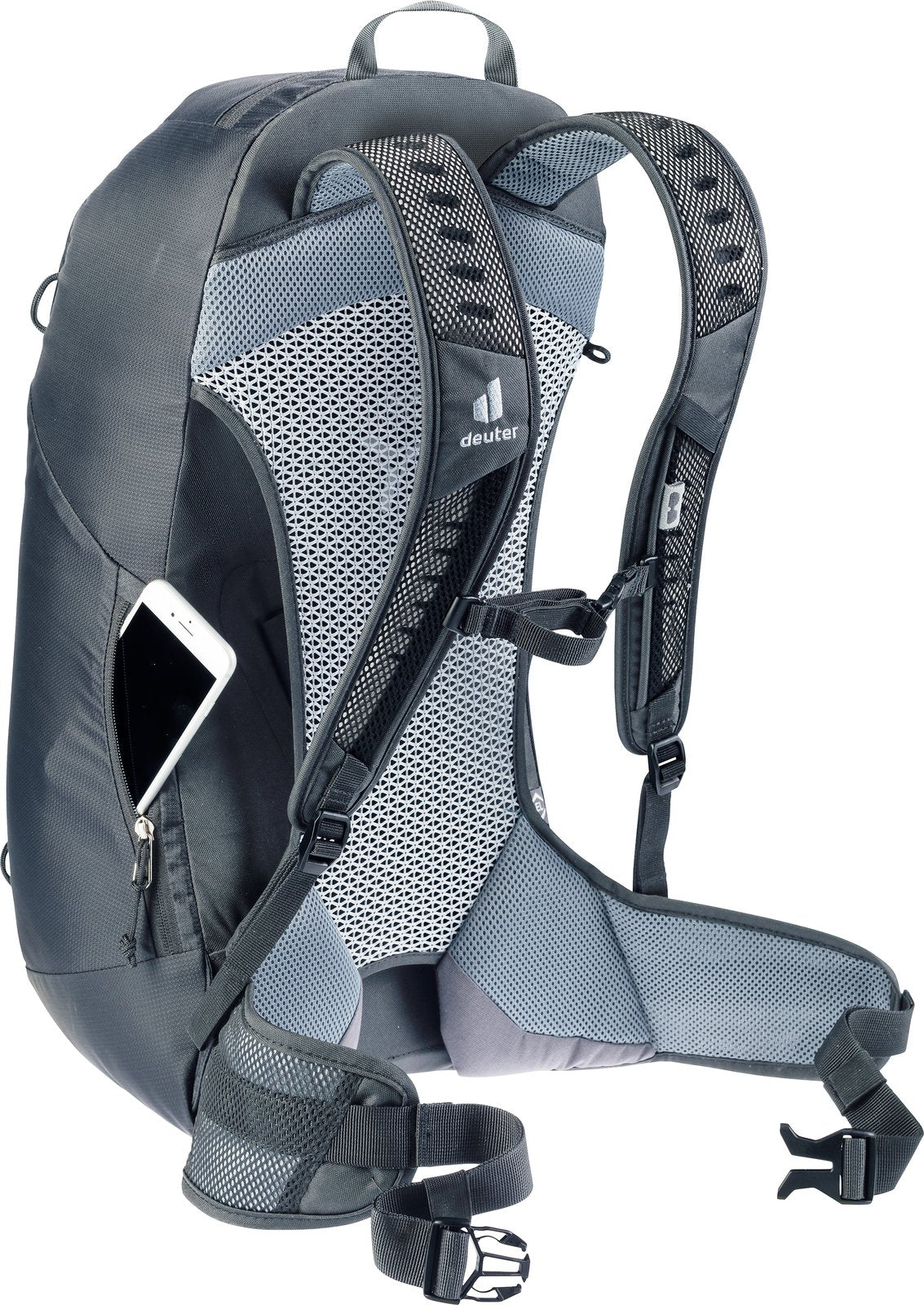 Deuter AC Lite 25 EL back view with a smartphone in the side phone pocket