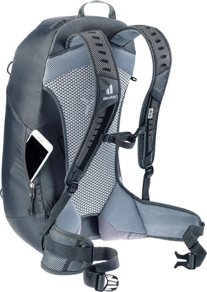 Deuter AC Lite 25 EL back view with a smartphone in the side phone pocket