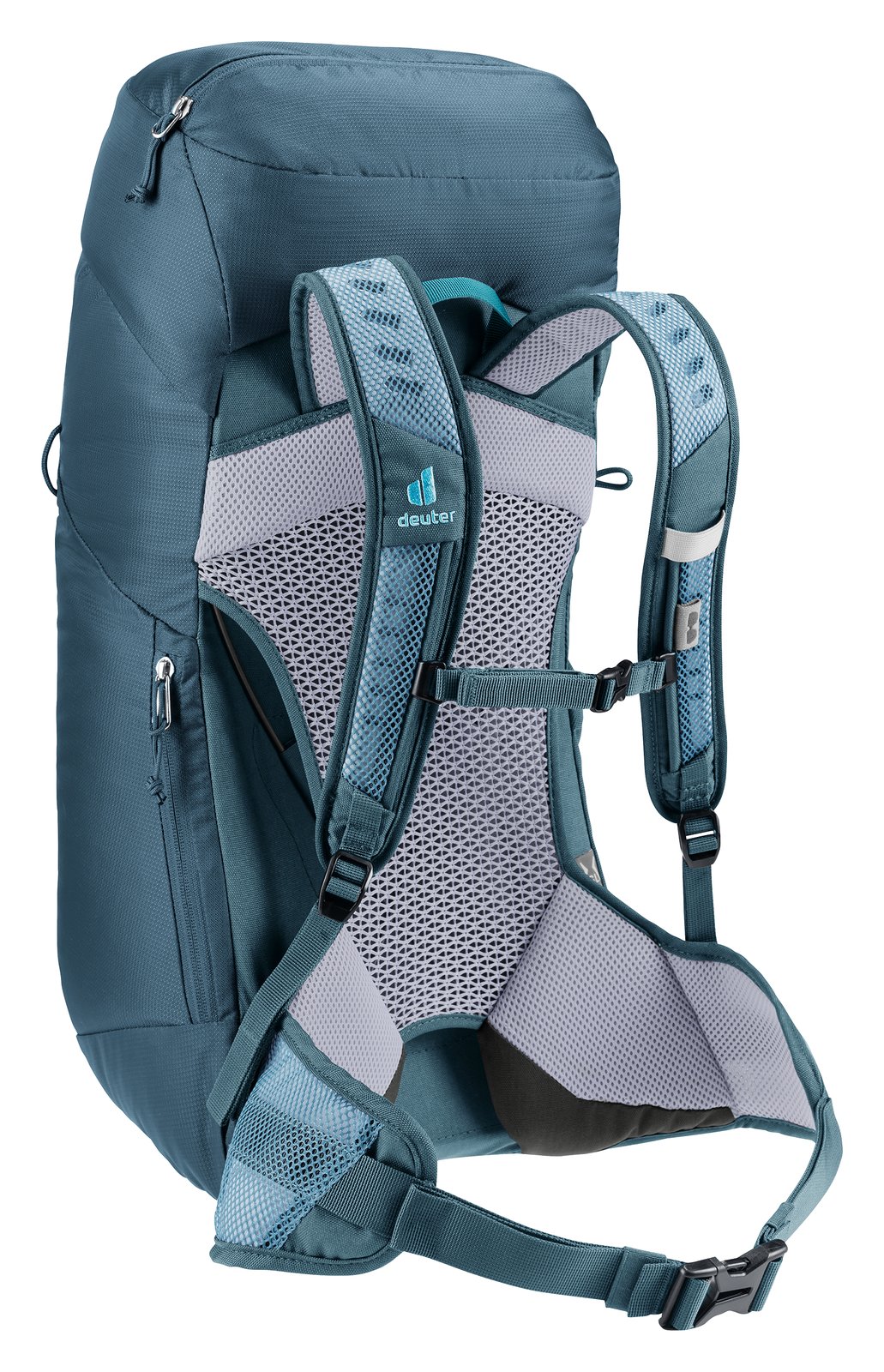 Deuter AC Lite 28 SL in Lagoon Atlantic, rear three-quarter view of the ventilated harness