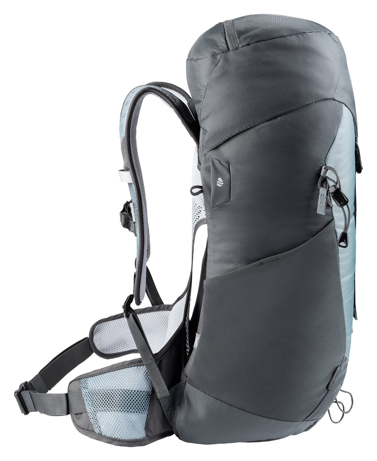 Deuter AC Lite 28 SL in Shale Graphite, side profile of the arched frame and padded hip fin