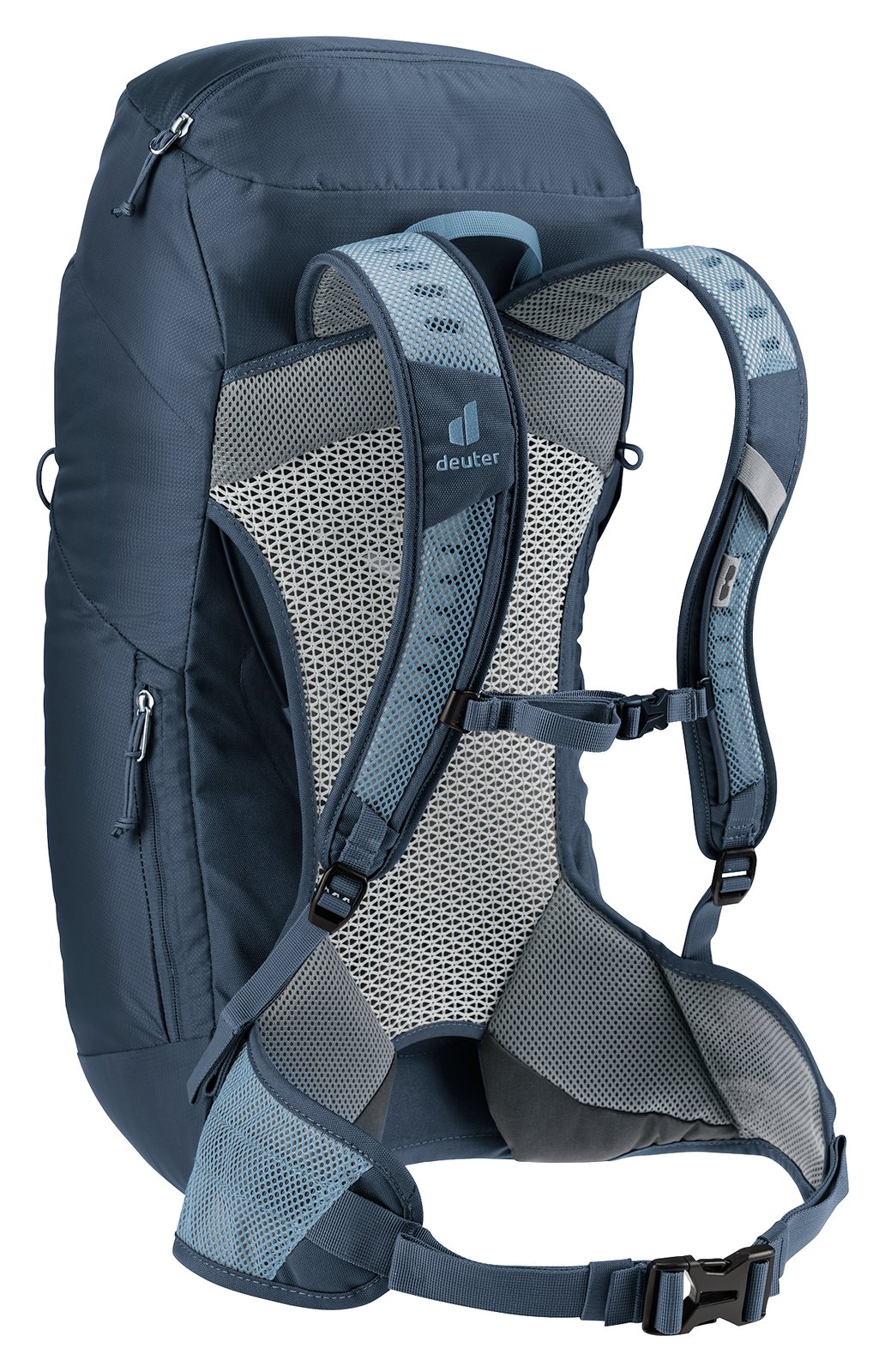 Deuter AC Lite 30 in Atlantic Ink, rear three-quarter view of the harness and hip fins