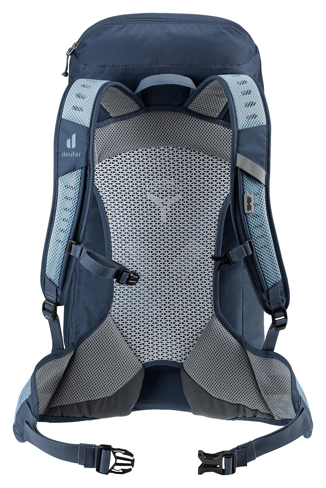 Back of the Deuter AC Lite 30 in Atlantic Ink, mesh back panel and padded hip fins