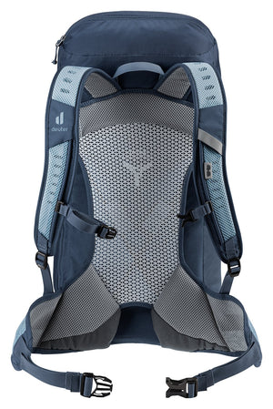 Back of the Deuter AC Lite 30 in Atlantic Ink, mesh back panel and padded hip fins