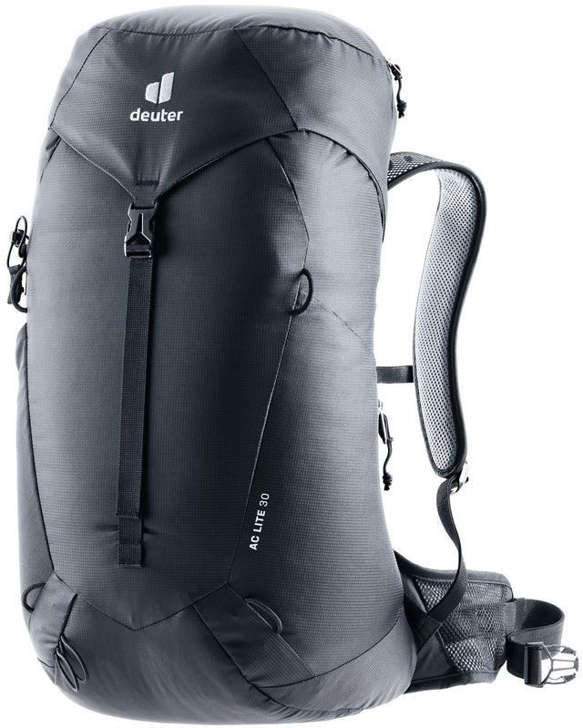 Deuter AC Lite 30 hiking backpack in Black, front three-quarter view with lid and front strap
