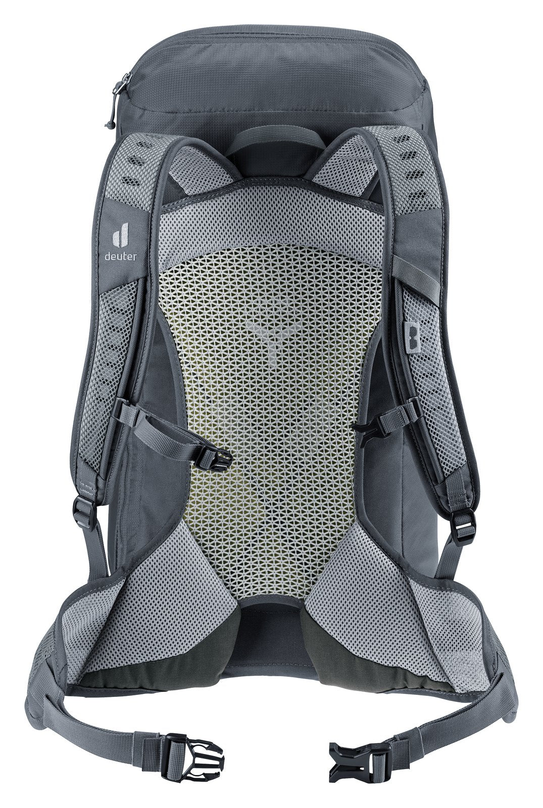 Back of the Deuter AC Lite 30 in Black showing the Aircomfort mesh panel and hip fins