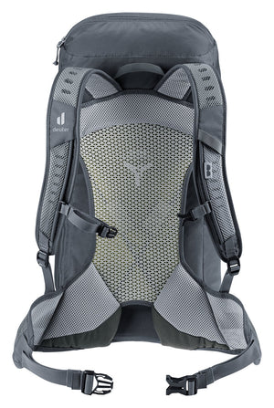 Back of the Deuter AC Lite 30 in Black showing the Aircomfort mesh panel and hip fins