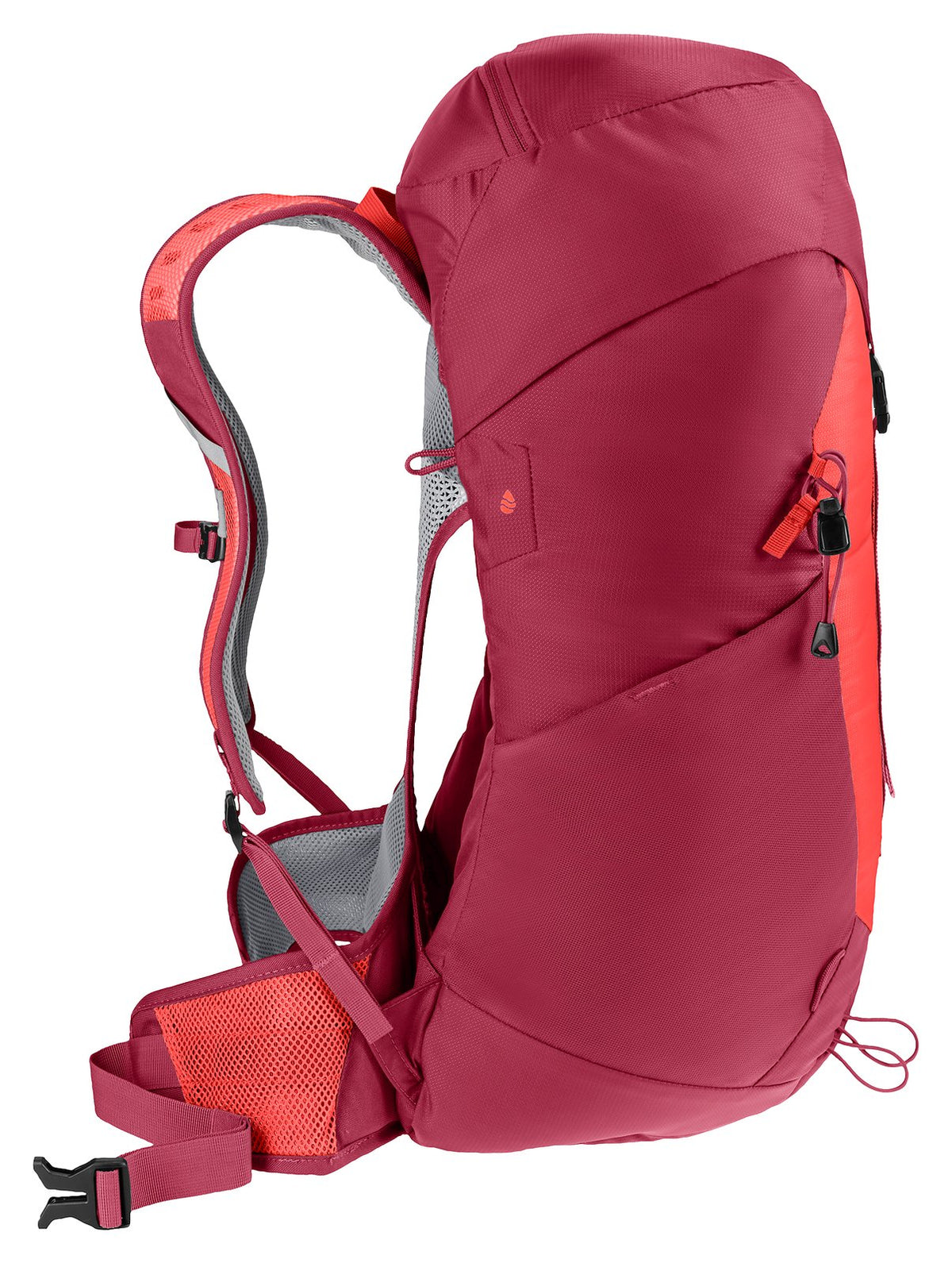 Side profile of the Deuter AC Lite 30 in Cherry Masala with the arched mesh back
