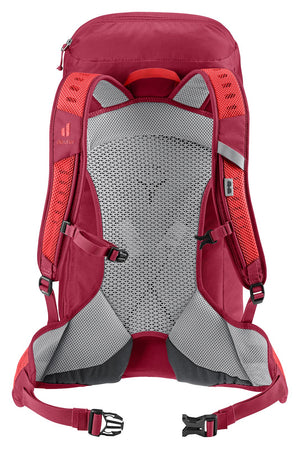 Back of the Deuter AC Lite 30 in Cherry Masala with red shoulder straps and mesh back