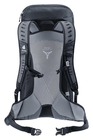 Back of the Deuter AC Lite 32 EL showing the Aircomfort mesh panel, shoulder straps and hip fins