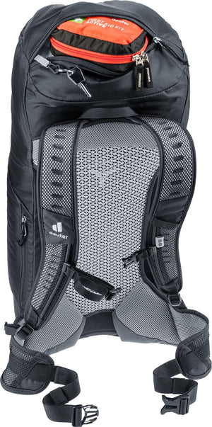Deuter AC Lite 32 EL lid opened to show gear packed in the lid compartment