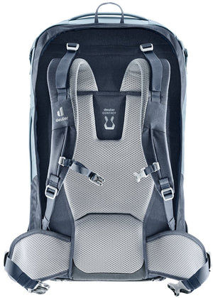 Back of the Deuter Access 55 in Atlantic Ink with shoulder straps, sternum strap and hip fins