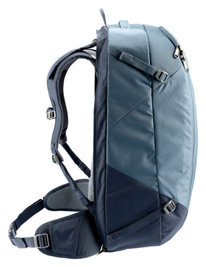 Deuter Access 55 in Atlantic Ink, side profile with hip fin and side straps