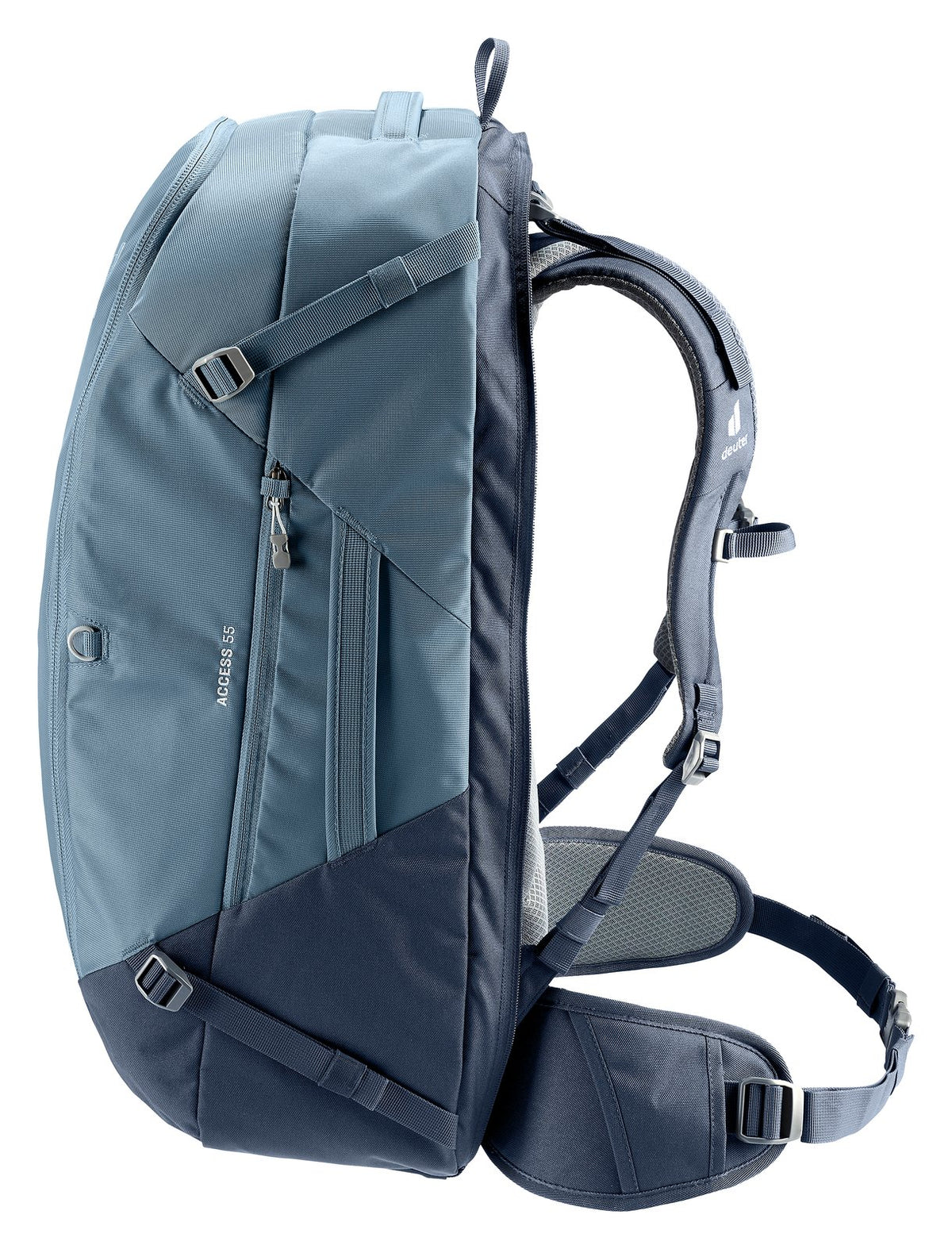 Deuter Access 55 in Atlantic Ink, side view with the zipped side pocket
