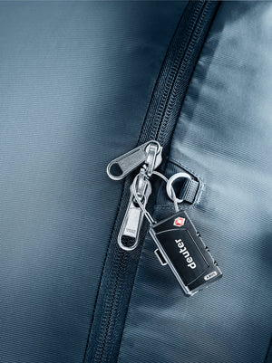 Close-up of the Deuter Access 55 main zip in Atlantic Ink secured with a padlock (not included)