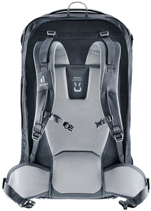 Back of the Deuter Access 55 in Black showing the Contact back padding and padded hip fins