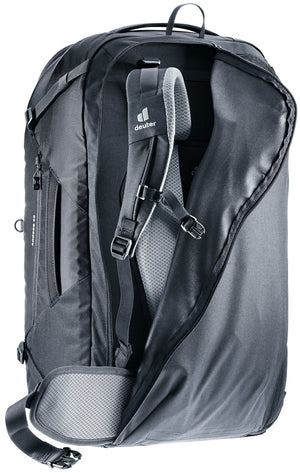 Deuter Access 55 in Black with the harness being zipped away behind its stow cover
