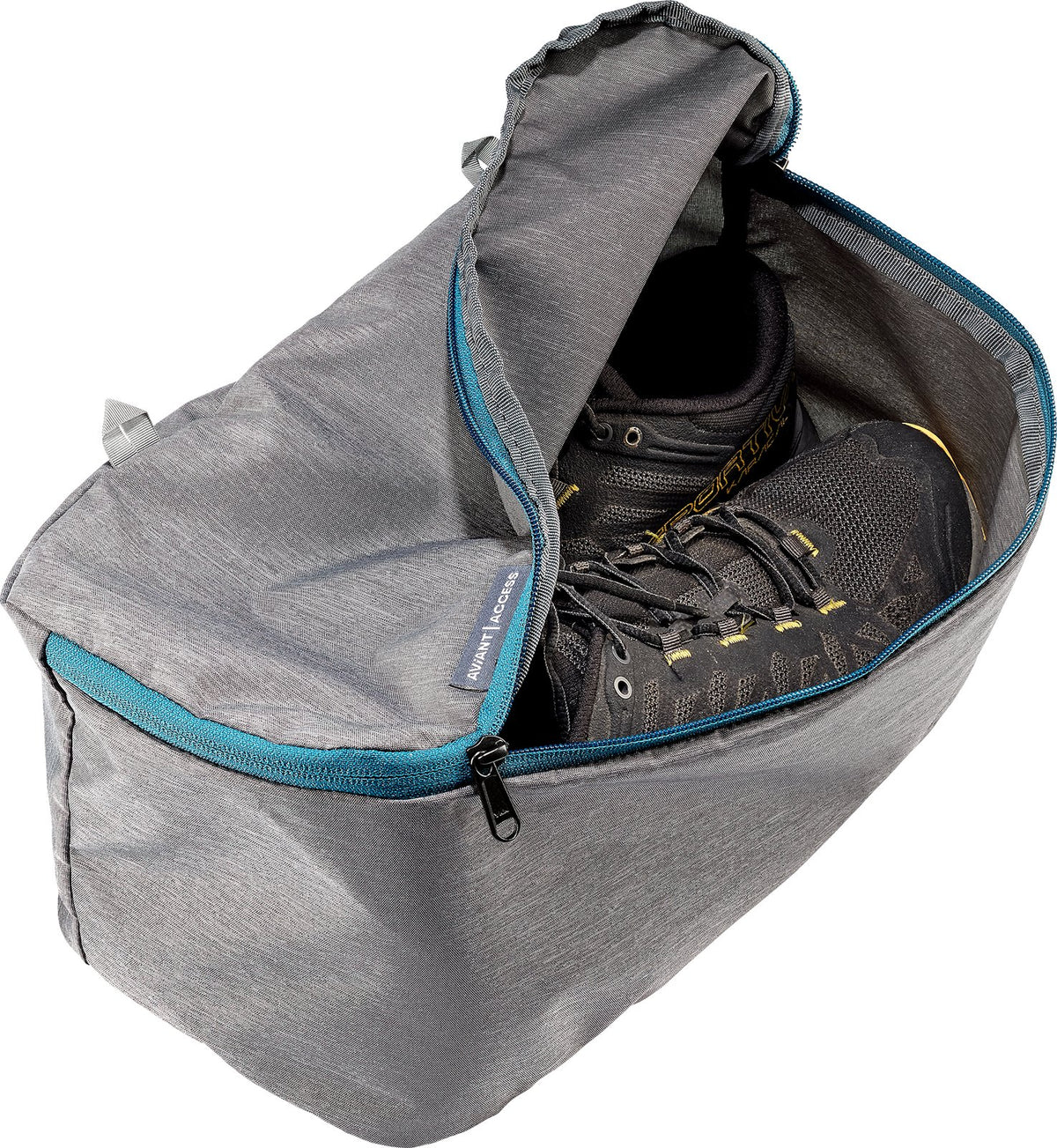 Deuter Access 55 shoe compartment unzipped with a pair of hiking shoes inside