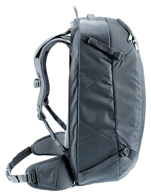 Deuter Access 55 in Black, side profile showing pack depth and side compression straps
