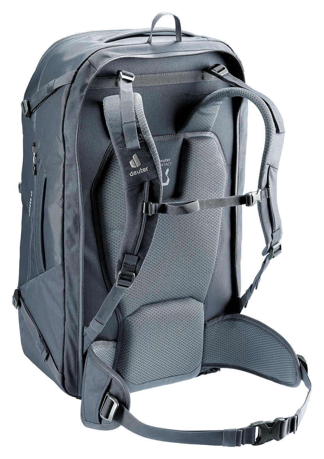 Deuter Access 55 in Black, rear three-quarter view of the harness