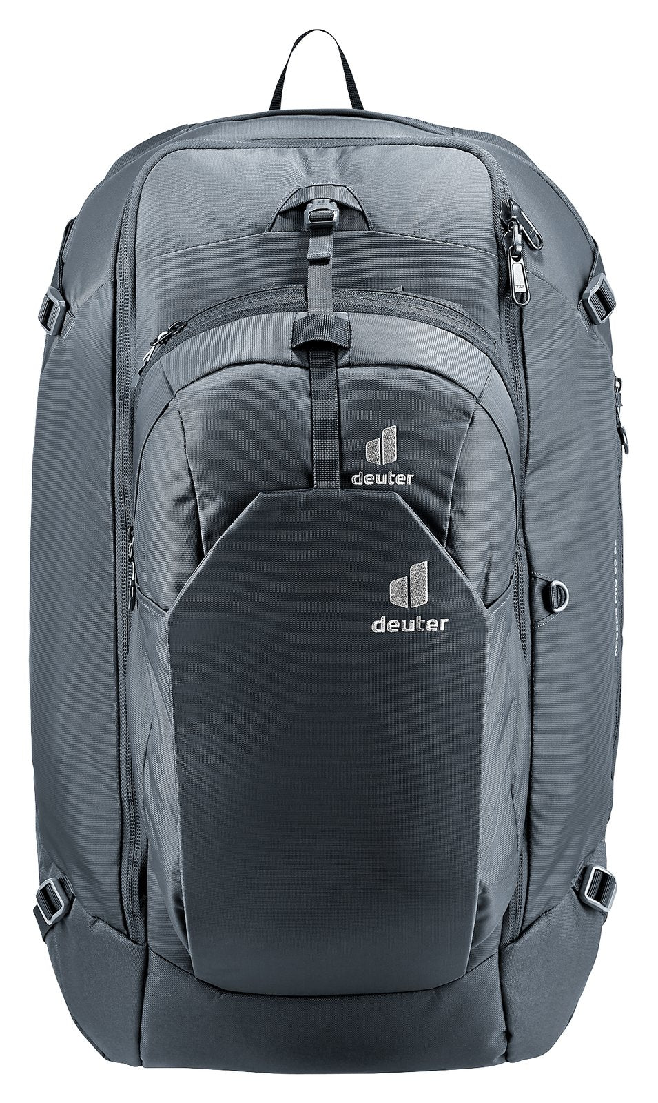 Deuter Access Pro 60 SL in Black, straight-on front view of the front pocket and zip