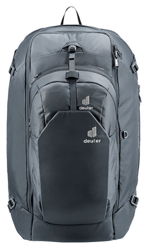 Deuter Access Pro 60 SL in Black, straight-on front view of the front pocket and zip