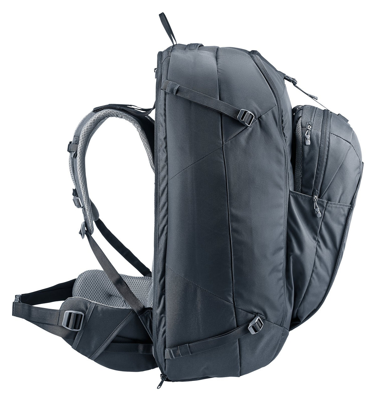 Side profile of the Deuter Access Pro 60 SL in Black with the daypack docked on the front