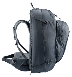 Side profile of the Deuter Access Pro 60 SL in Black with the daypack docked on the front