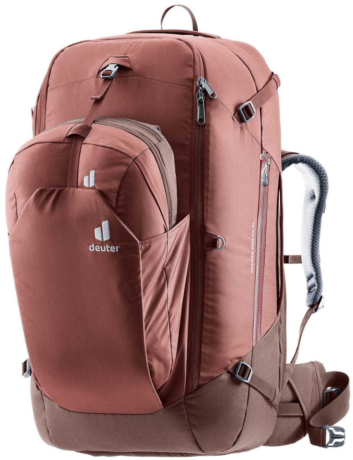 Deuter Access Pro 60 SL in Caspia Raisin, rust-red travel pack with daypack attached