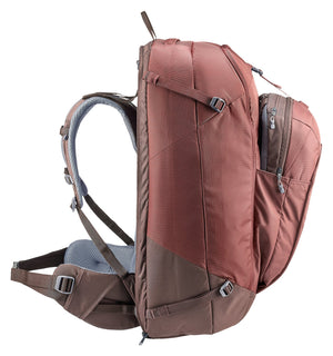 Deuter Access Pro 60 SL in Caspia Raisin, side profile with compression straps and daypack