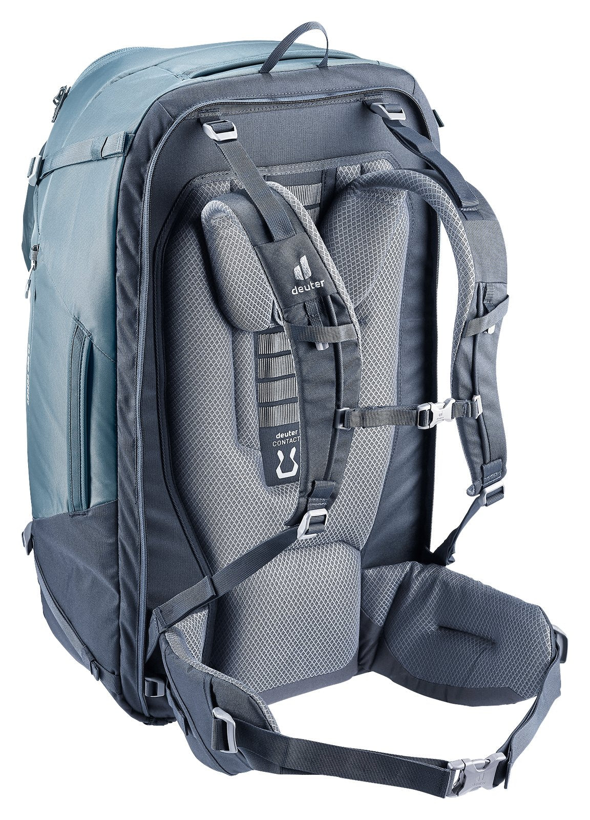 Deuter Access Pro 65 in Atlantic Ink, rear three-quarter view of the harness and back padding