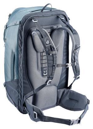 Deuter Access Pro 65 in Atlantic Ink, rear three-quarter view of the harness and back padding