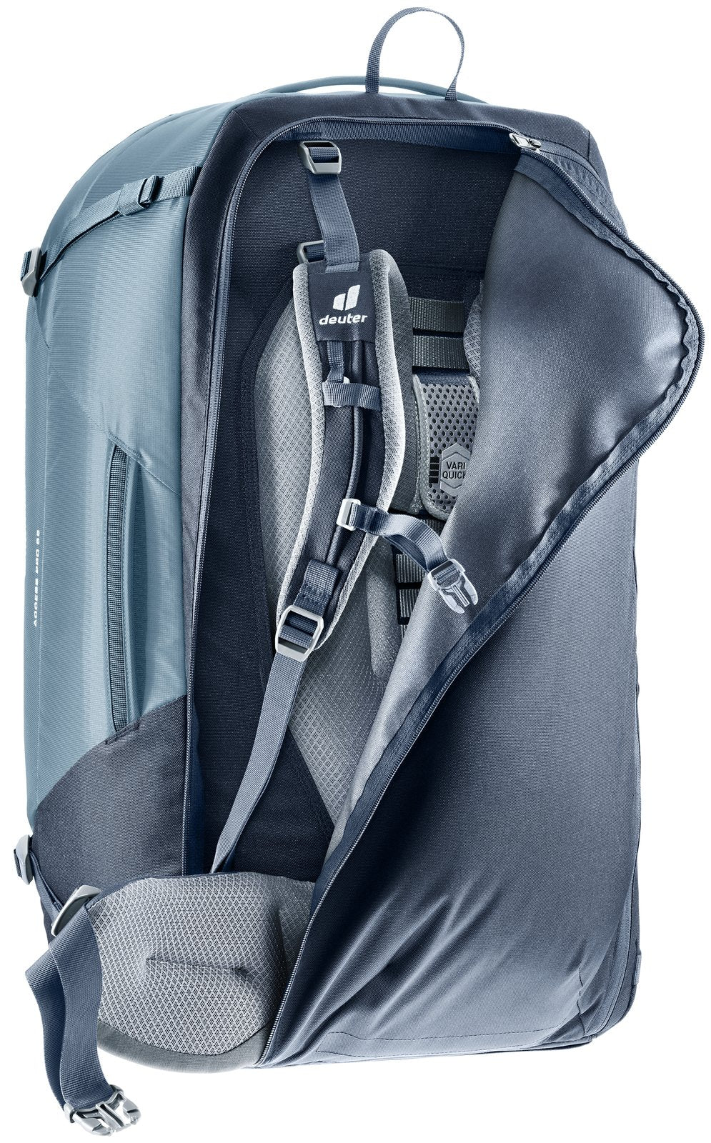 Deuter Access Pro 65 in Atlantic Ink, stowable harness cover half zipped over the shoulder straps