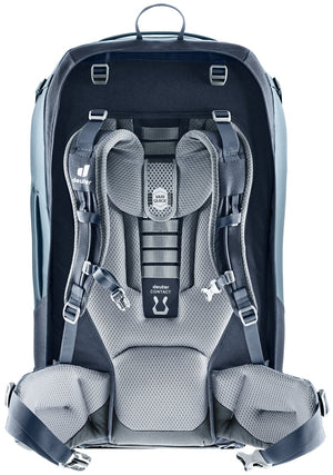 Deuter Access Pro 65 in Atlantic Ink, rear view of the padded harness and hip fins