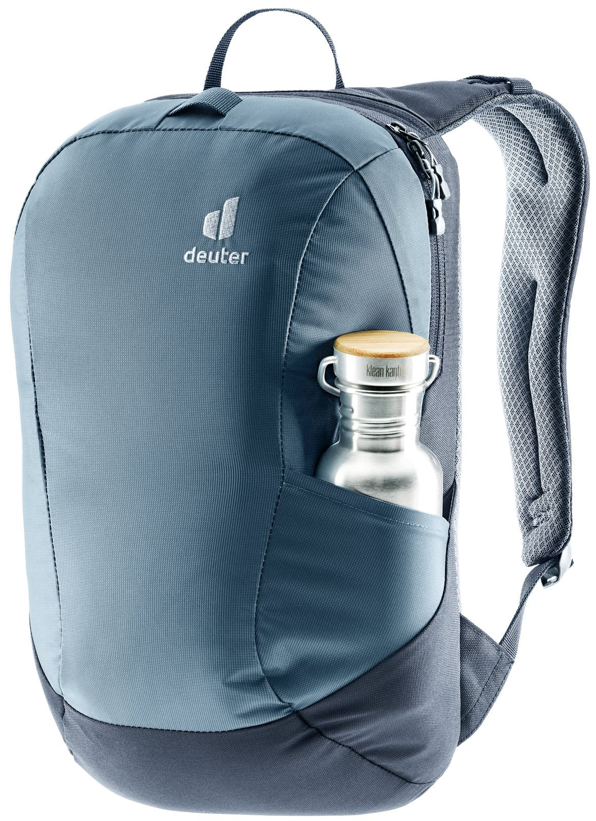 Detachable Deuter Access Pro 65 daypack in Atlantic Ink with a bottle in the side pocket