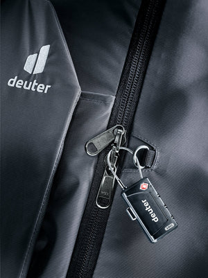 Close-up of a combination padlock on the Deuter Access Pro 65 main zip in Black