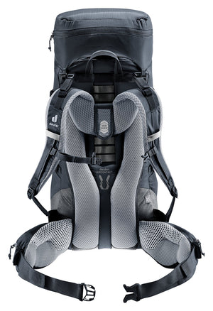Back of the Deuter Aircontact Lite 35 + 10 SL in Black Graphite showing the Aircontact foam pads and hip fins