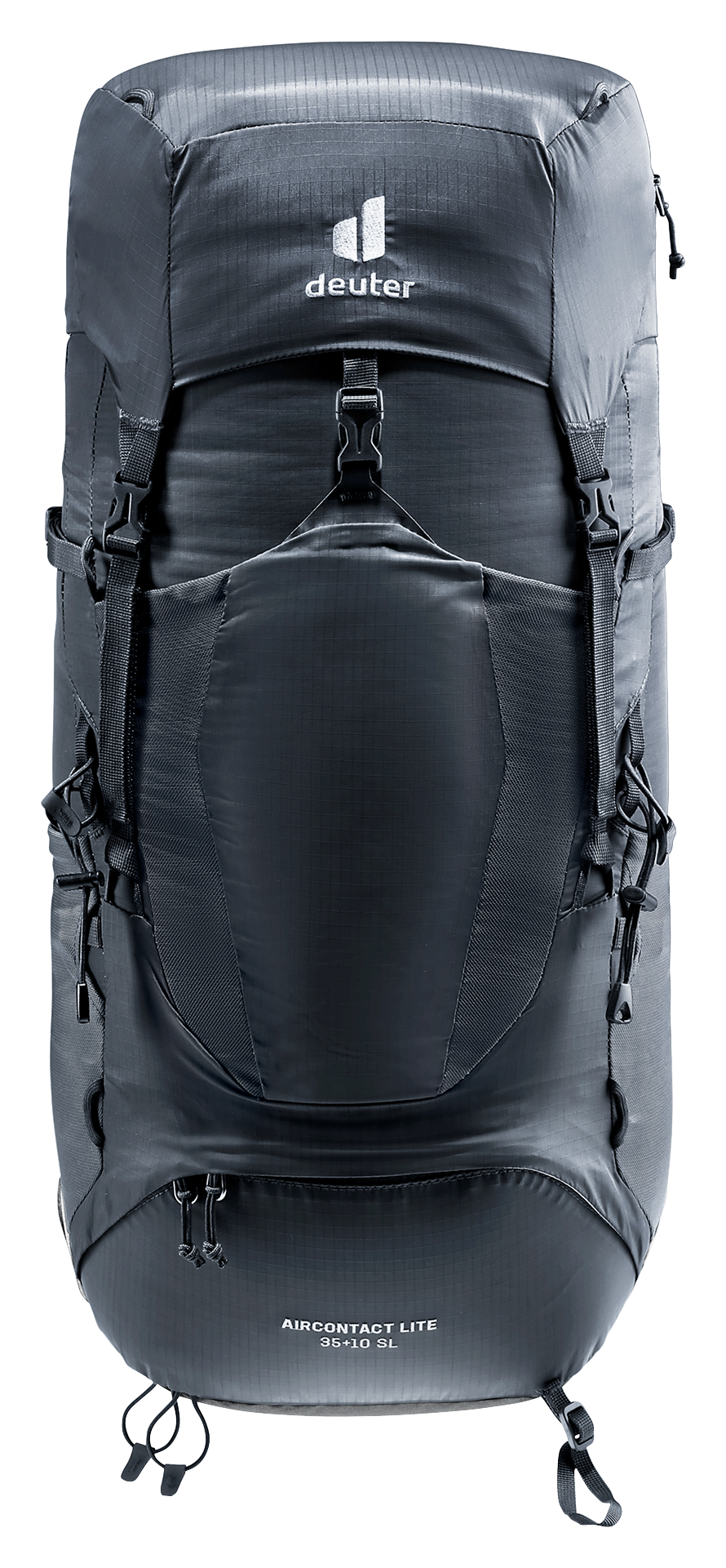 Deuter Aircontact Lite 35 + 10 SL in Black Graphite, straight-on front view of the stretch front pocket