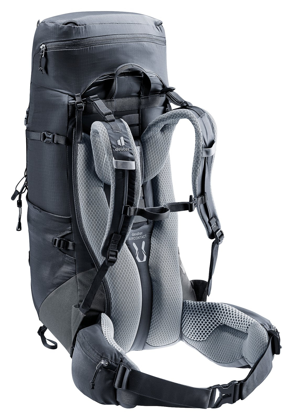 Deuter Aircontact Lite 35 + 10 SL in Black Graphite, rear three-quarter view of shoulder straps and sternum strap