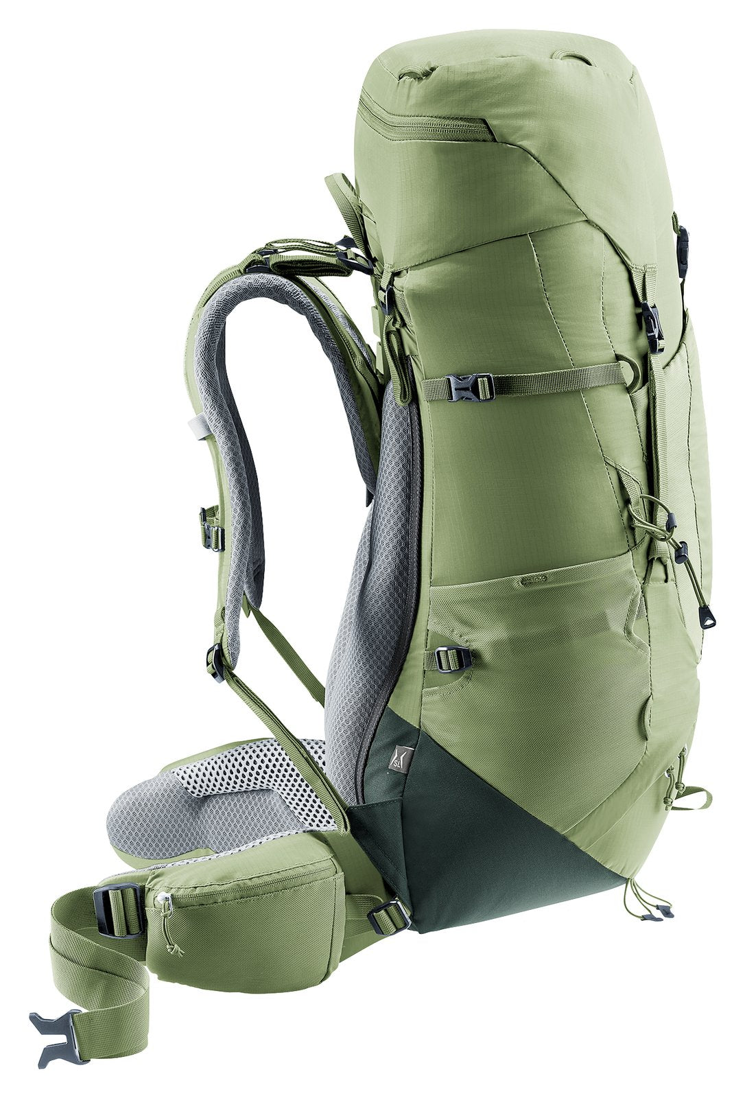 Deuter Aircontact Lite 35 + 10 SL in Grove Ivy, side view of the harness and hip fin