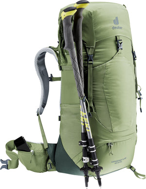 Deuter Aircontact Lite 35 + 10 SL in Grove Ivy with trekking poles strapped to the front