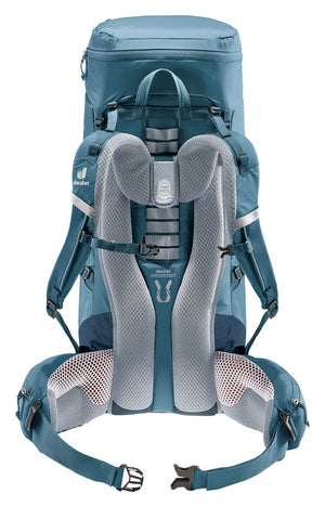 Back of the Deuter Aircontact Lite 40 + 10 in Atlantic Ink showing the padded Aircontact back and hip belt