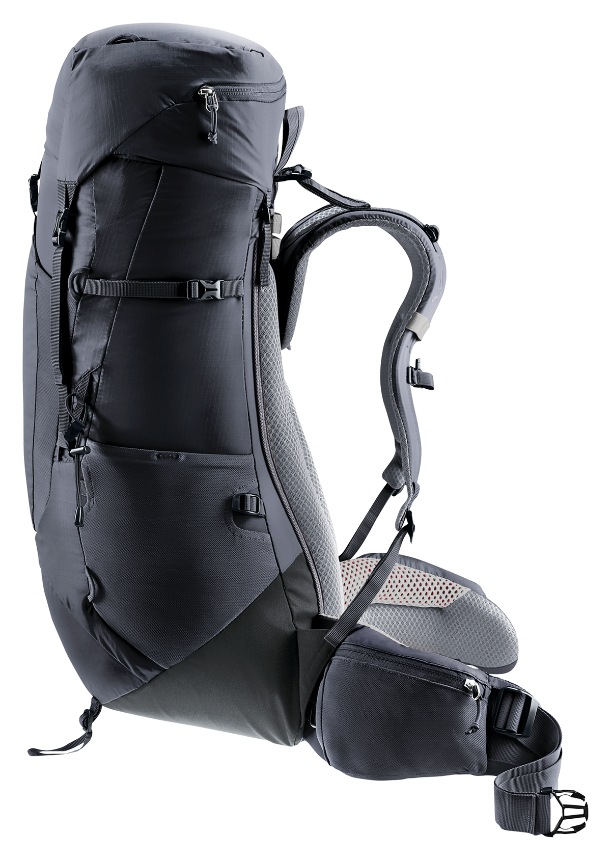 Deuter Aircontact Lite 40 + 10 in Black Graphite, side view with compression straps