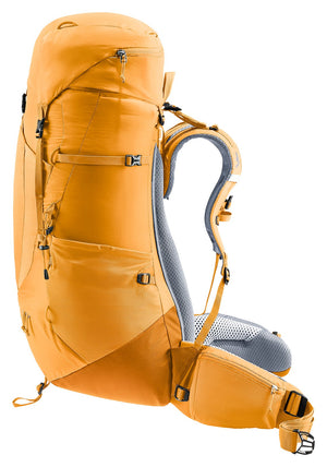 Deuter Aircontact Lite 50 + 10 in Amber Maple, front three-quarter view with side compression