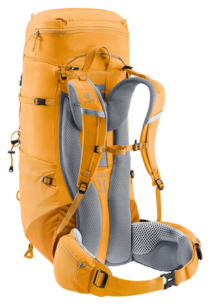 Deuter Aircontact Lite 50 + 10 in Amber Maple, rear three-quarter view with stabiliser straps